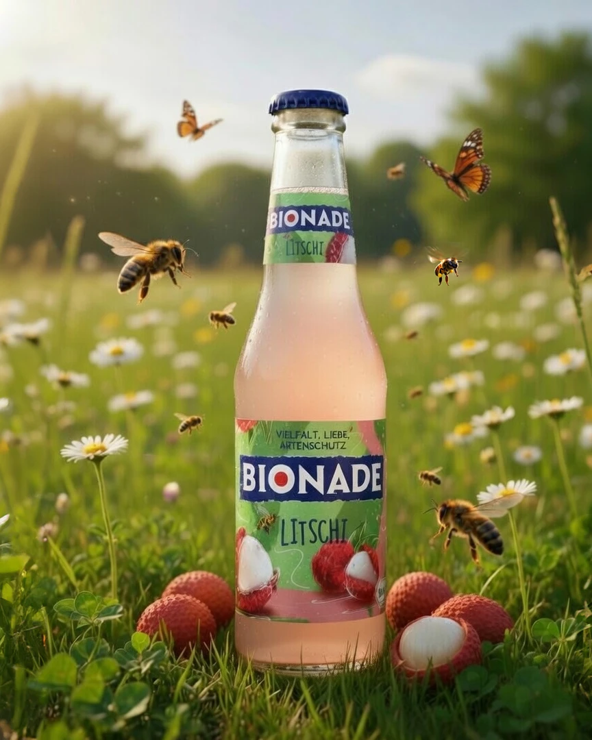 Bionade Litschi auf der Wiese, umgeben von Bienen.
