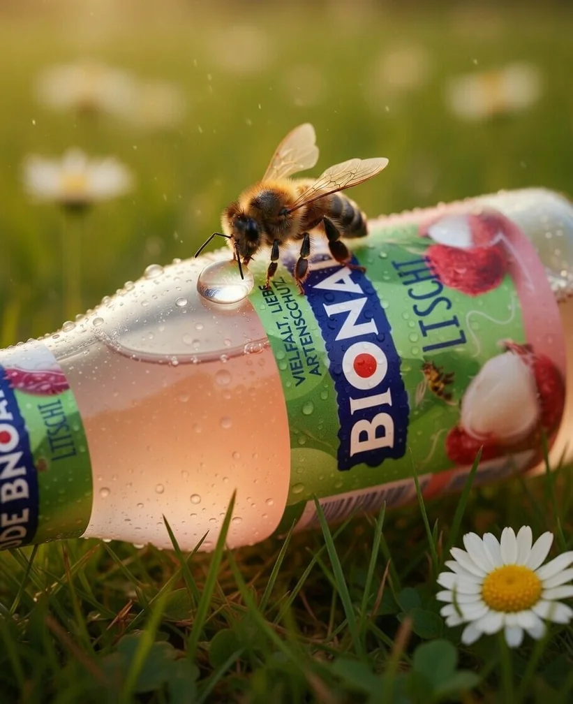 Flasche im Gras, Biene auf dem Etikett.