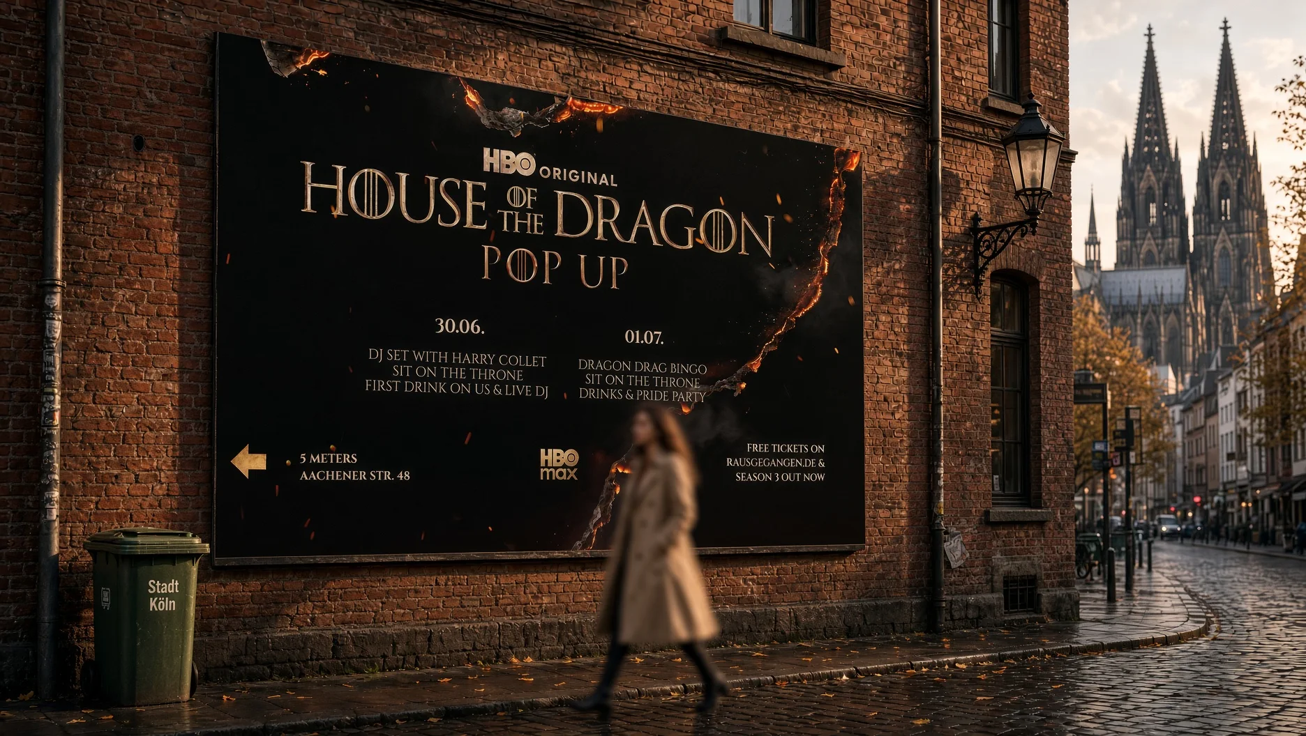 Plakat House of the Dragon Pop-up an einer Backsteinwand in Köln.