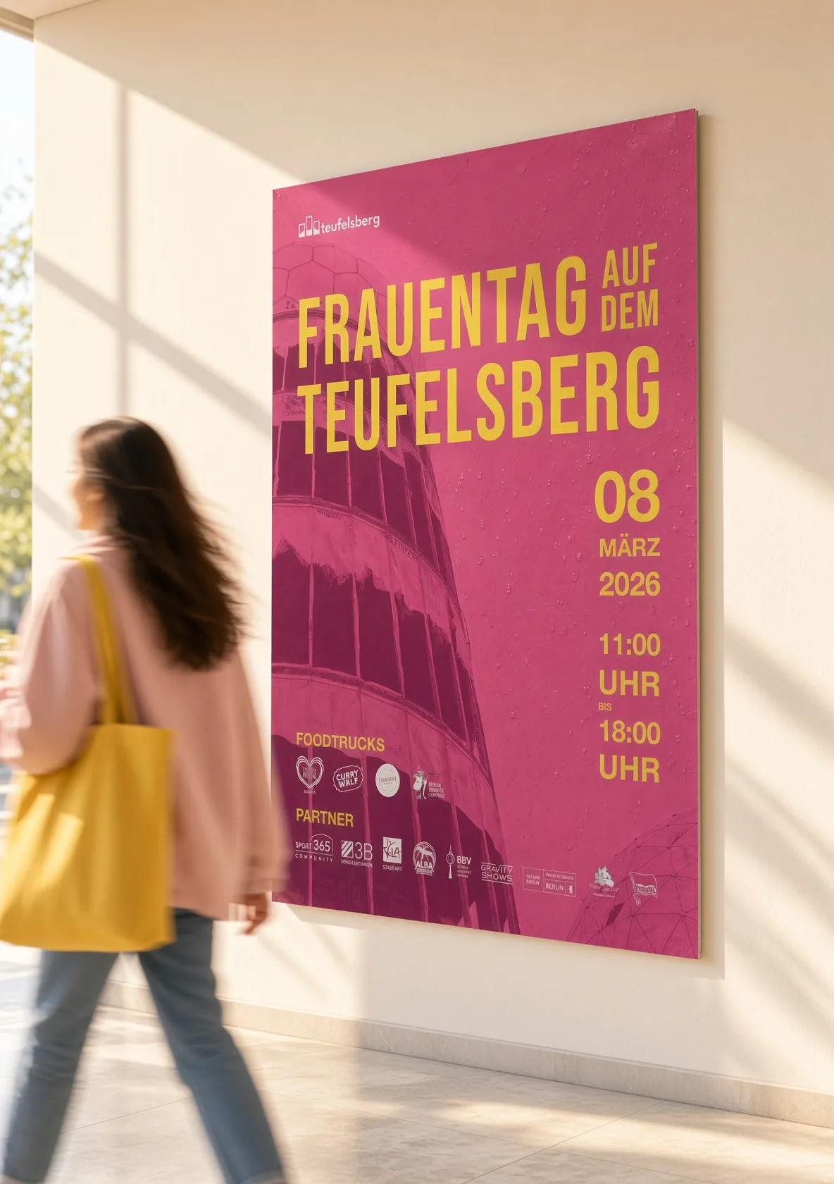 Plakat Frauentag auf dem Teufelsberg, im Flur.